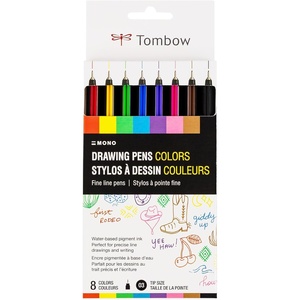image:imageTombow 66407 MONO Drawing Pens Colors 8Pack Metal Nib Fine Point WaterBased Pigment Ink